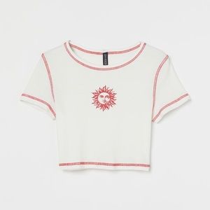 Cotton Jersey Crop Top With Red Stitching And Red Sun